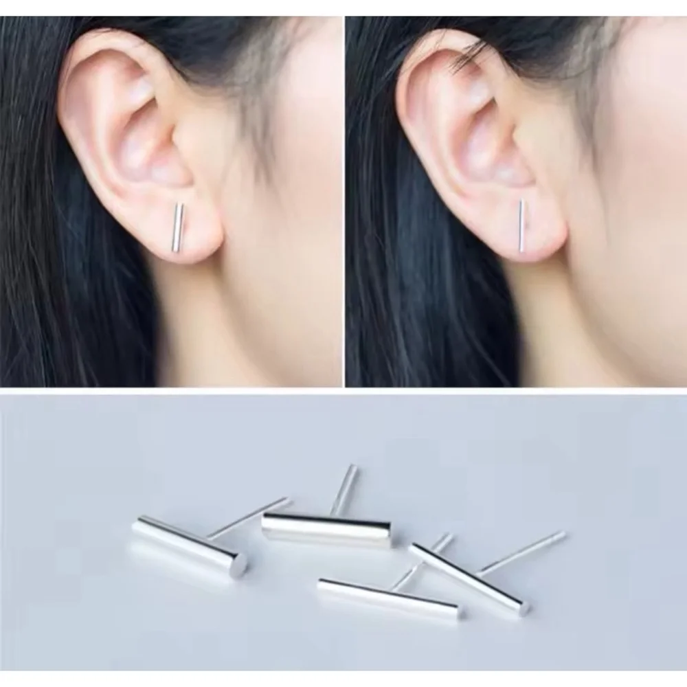 Fine 925‎ Sterling Silver Rhodium Bar Staple Stud Earrings